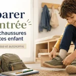 Enfant enfilant des chaussures minimalistes pour préparer la rentrée scolaire