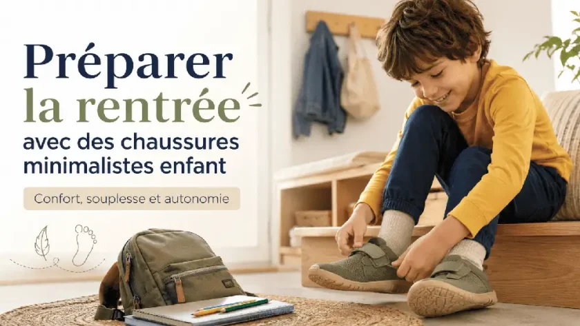 Enfant enfilant des chaussures minimalistes pour préparer la rentrée scolaire