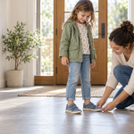 Un parent vérifie l’ajustement des chaussures de son enfant avant qu’il parte jouer.