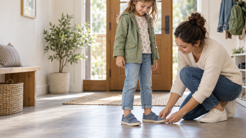 Un parent vérifie l’ajustement des chaussures de son enfant avant qu’il parte jouer.